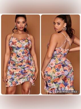 NWOT SHEIN Allover Floral Print Draped Collar Drawstring Ruffle Hem Dress - 1XL
